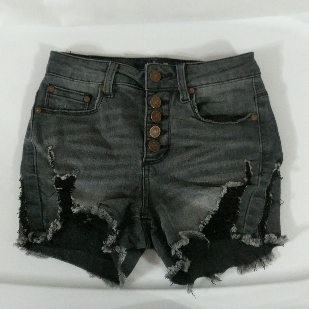 Indigo Rein Black Cutoff Distressed Denim Button Fly High Rise Shorts - size 0